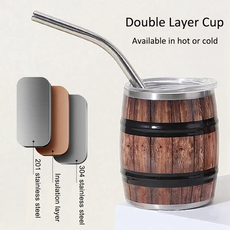 كأس نبيذ صغير مع كوب بقشة وغطاء برميل نبيذ محمول من الفولاذ المقاوم للصدأ كوب بيرة خارجي سهل الشرب 3 أونصة/90 مللي #2
