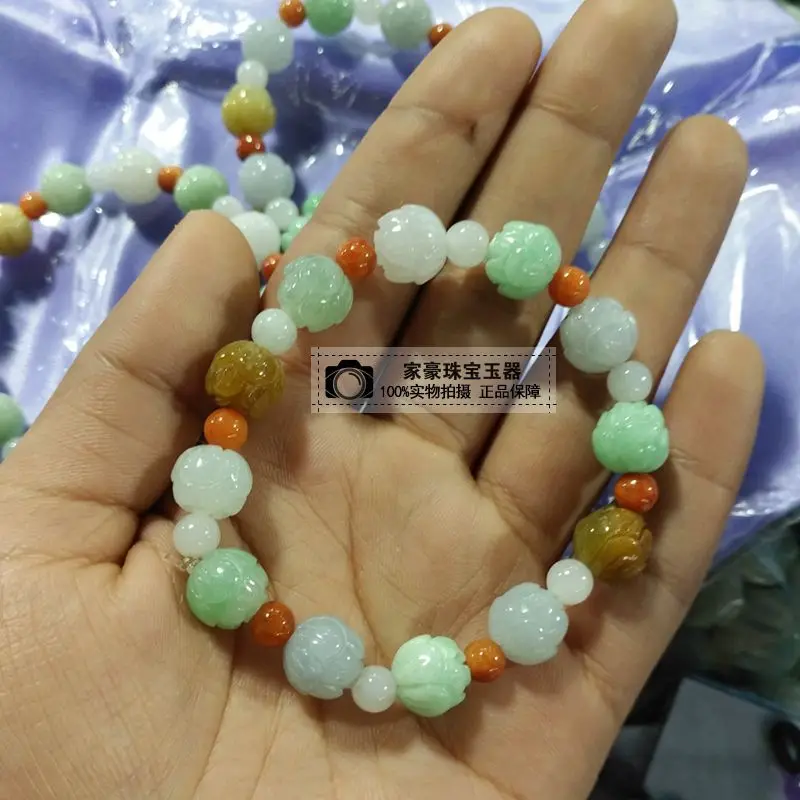 Myanmar A- Level Jade Beads Bracelet Ice Waxy Kinds Green Yellow Jadeite Colorful Men's and Women's Bracelets Necklace