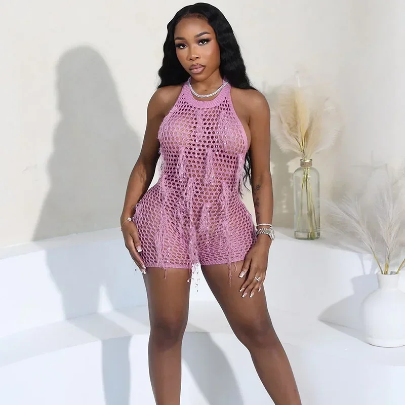 

Вязаный крючком комбинезон с кисточками, женский комбинезон без рукавов с лямкой на шее и открытой спиной, прозрачный комбинезон, сексуальная пляжная одежда, праздничная одежда