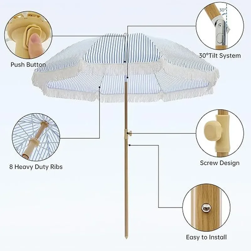 Wooden Pole Striped Beach Umbrella with Fringe Polyester Fabric Rotating Shaft Foldable Outdoor Sunshade for Leisure Camping