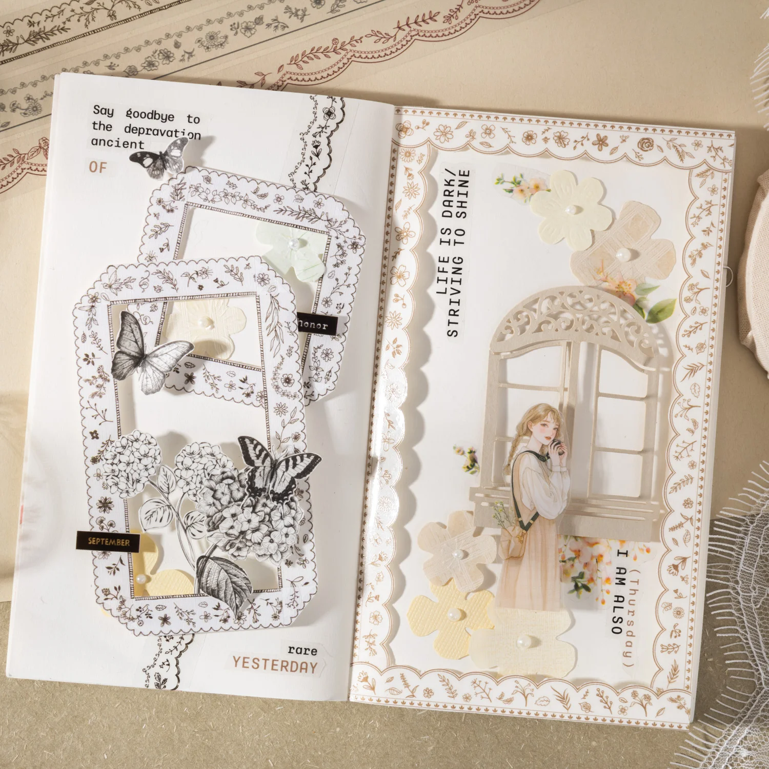 1 Roll Floral Lace Border Theme PET Decorative Washi Tape for DIY Journal, Photo Frame Collage, Scrapbook Material