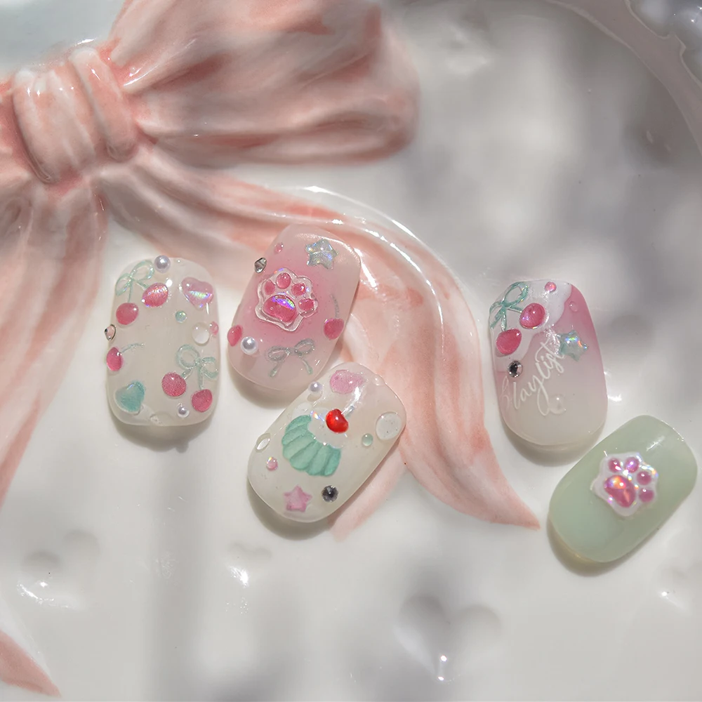 5d cereja geléia arte do prego adesivos kawaii cão pata impressão transparente arco prego slicker decalques manicure diy adesivo slider decoração