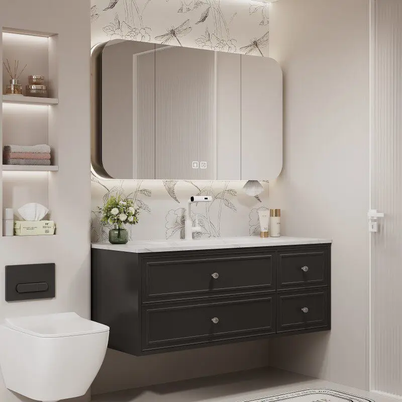 

Black bathroom cabinet, rock slab hot bending integrated basin washstand, ceramic integrated basin oak cabinet