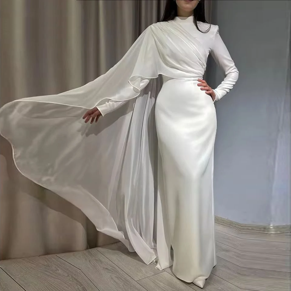 

HighNeck Long Sleeves Party Dresses White Graceful Prom Dresses with Ruffled Cape Asymmetricفساتين السهرة Customized