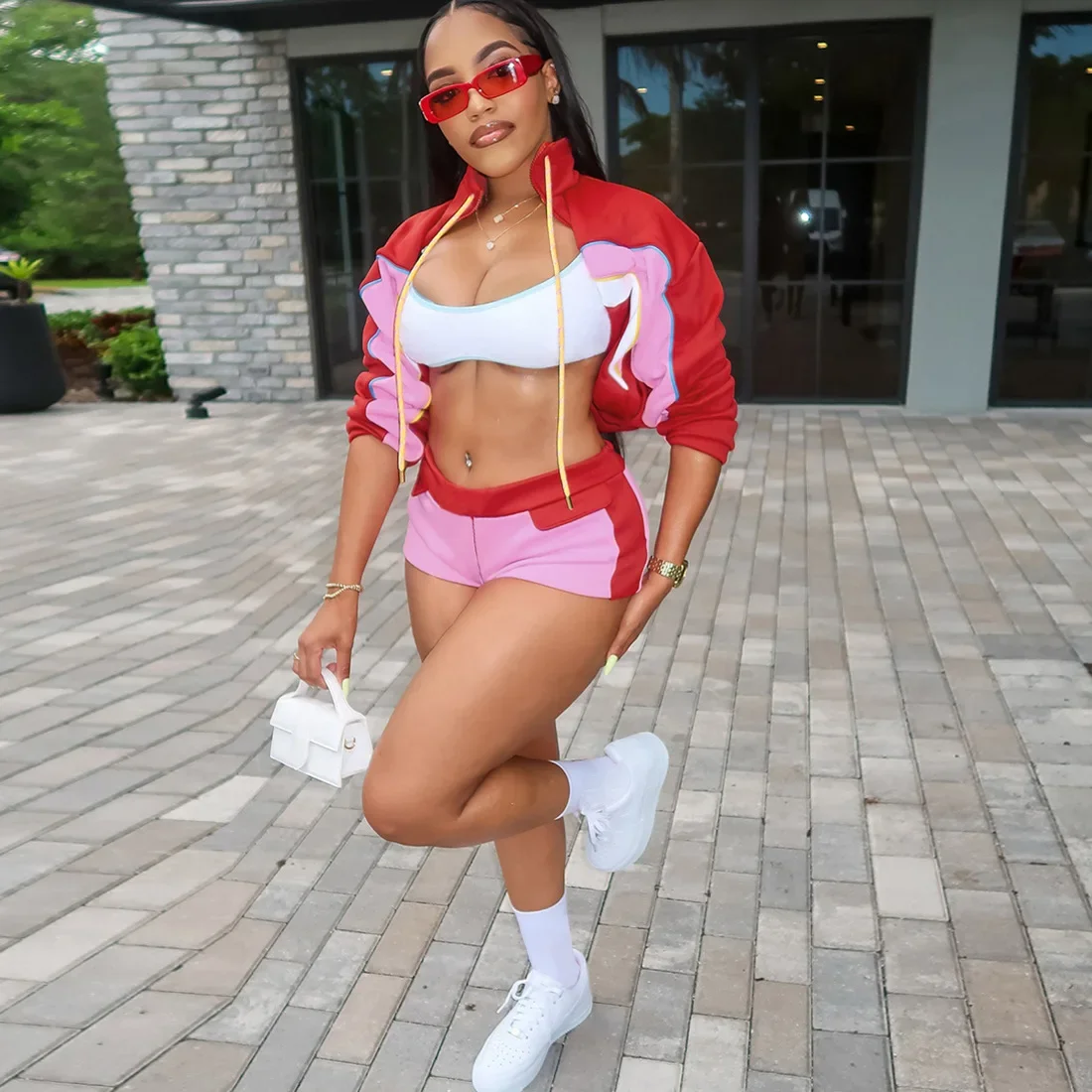

Женские спортивные костюмы, цветной лоскутный комплект из 2 предметов, воротник-стойка, куртки на молнии с длинными рукавами, топы + шорты, повседневные уличные костюмы