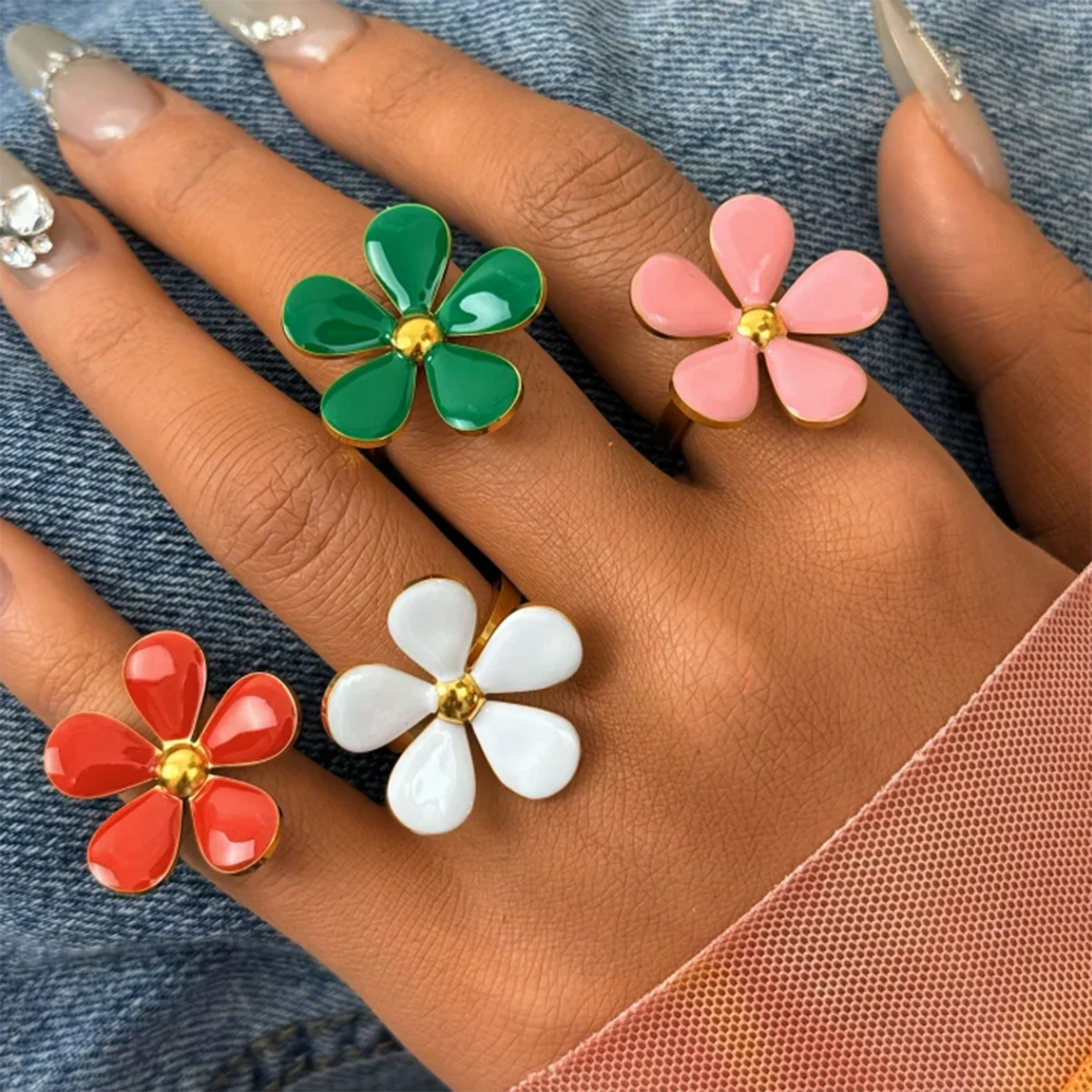 

Exquisite Stainless Steel Flower Adjustable Opening Rings 18k Gold PVD Plated Waterproof Finger Jewelry For Women Wedding Gift