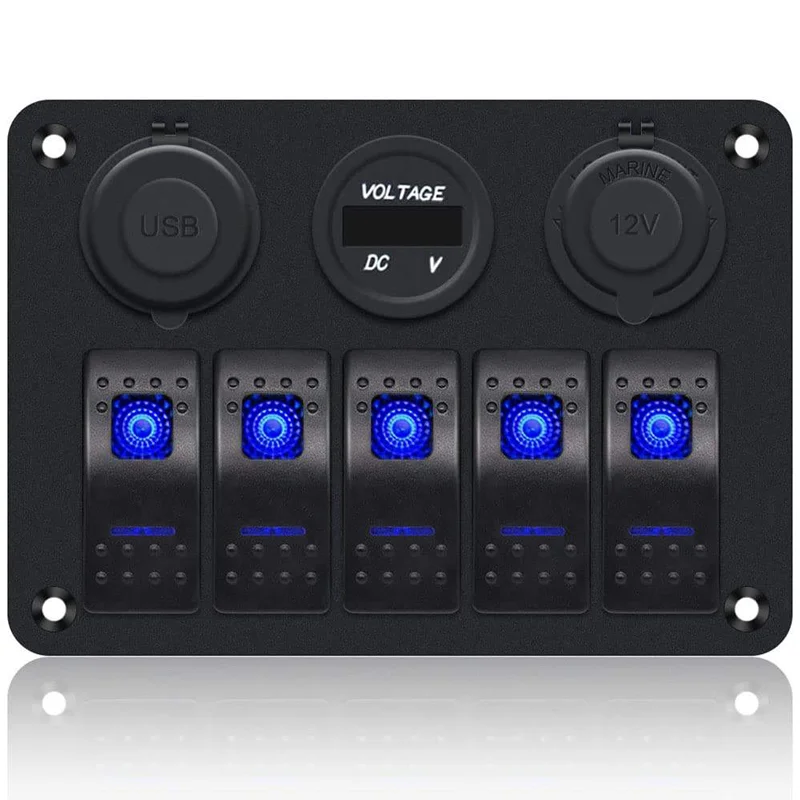 12V 24V 5 Gang Car BOAT Caravan Marine Rocker Switch Panel Voltmeter Dual Usb Charger RV Car Truck Trailer Ambulance