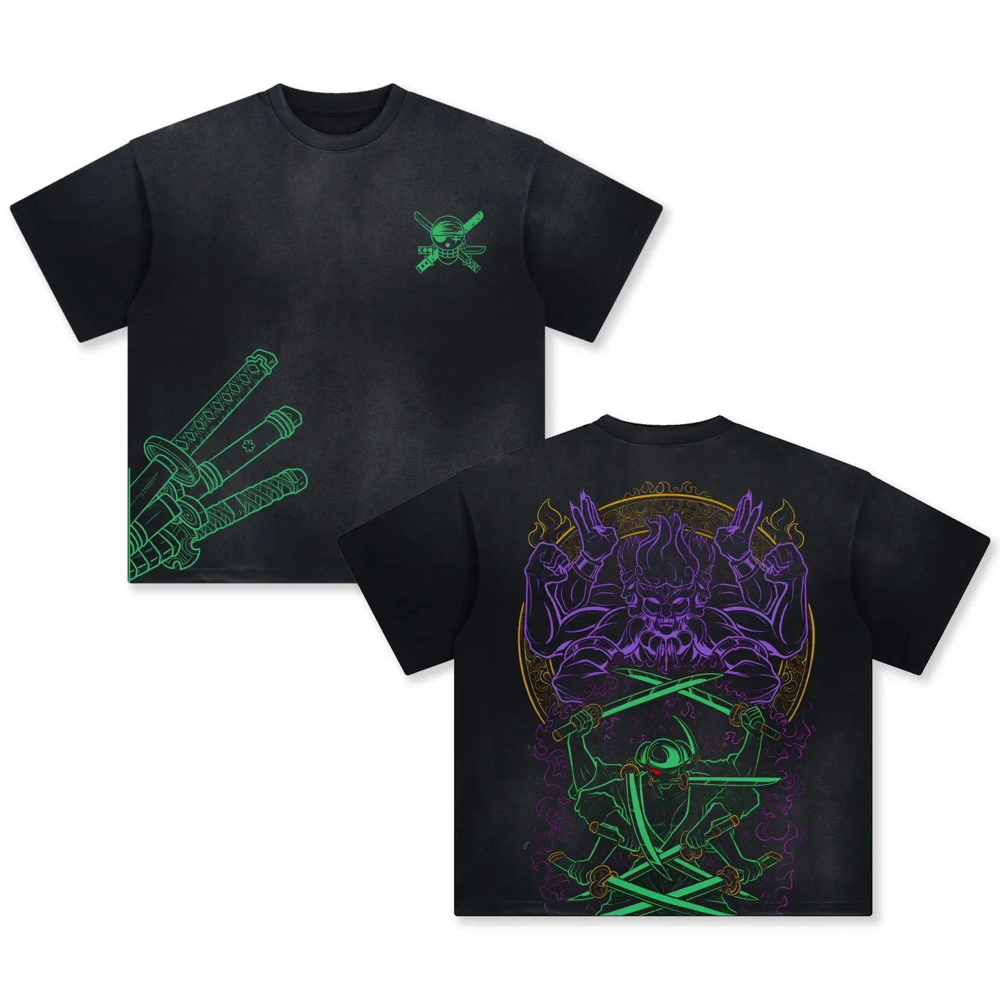 

One Piece Zoro Collaboration Summer Men's and Women's Casual Loose Large-sized Washed Round-neck Short-sleeved T-shirt