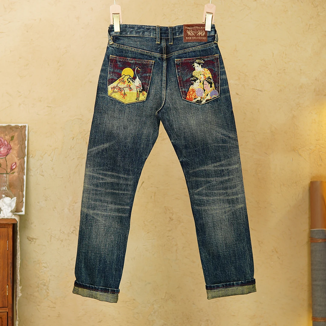 

Red Selvedge Denim Jeans for Men 20oz Heavy-Duty Washed American Vintage Straight 100% Cotton Embroidered National Trend 5KM