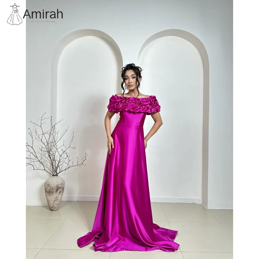 Amirah فساتين سهرة مصنوعة حسب الطلب على شكل حرف a من الساتان للمناسبات الخاصة فستان حفلات مطرز على الكتف مكشوف الأكتاف