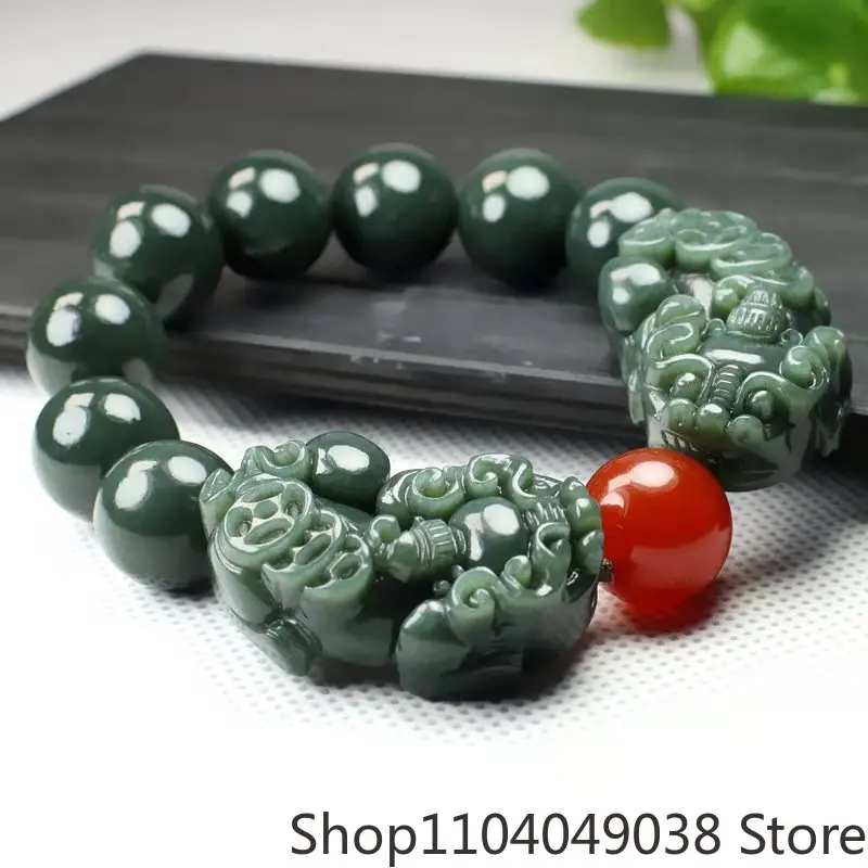 Green Jade Double Pixiu Bracelet Buddha Bead Bracelet Men's and Women's Bracelets