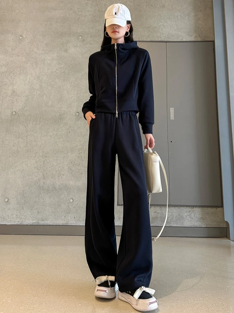 2026 Cotton Sweatshirt Two-piece Suit Women's Casual Sports Sets Spring Autumn Zip-up Short Hoodies Wide-leg Pants 2-piece Sets