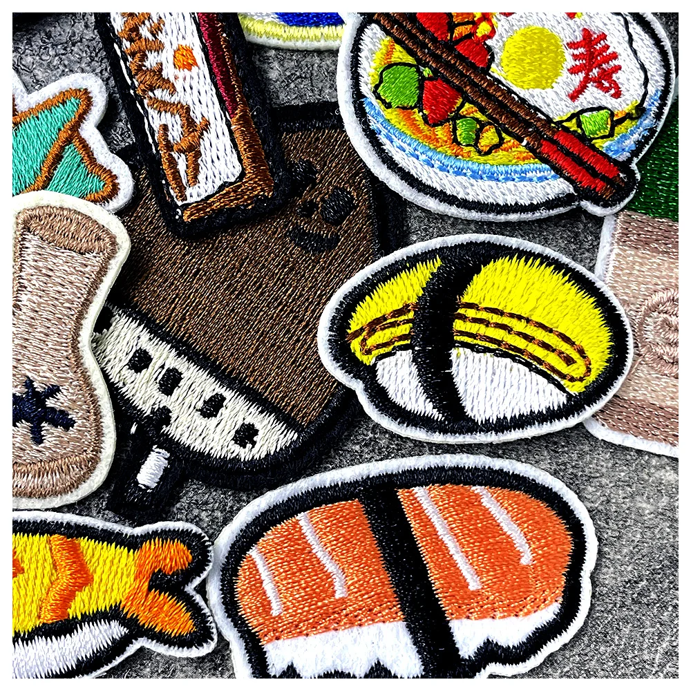 20Pcs/Lot Cartoon Sushi Noodle Fish Iron on Patches Cloth Embroidered Applique Sewing Clothes Apparel Accessories Mend Patch