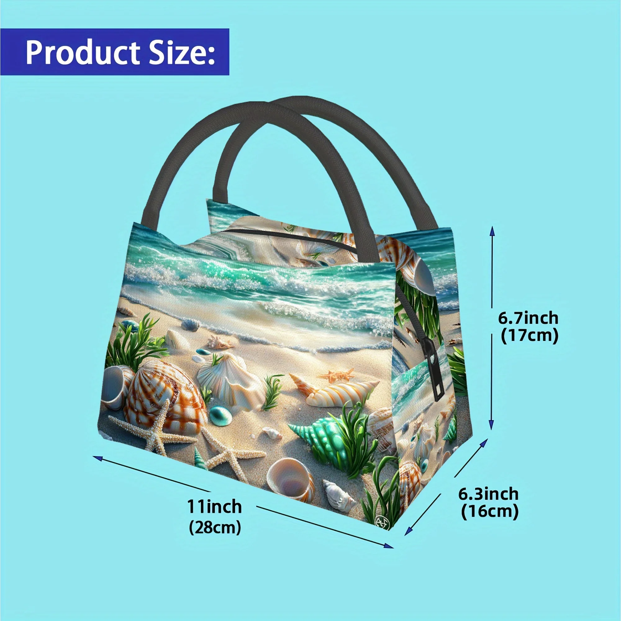 1pc Seashell Starfish Print Insulated Beach Tote Bag Non-Food Contact Reusable Thermal Bag for Hiking School Office
