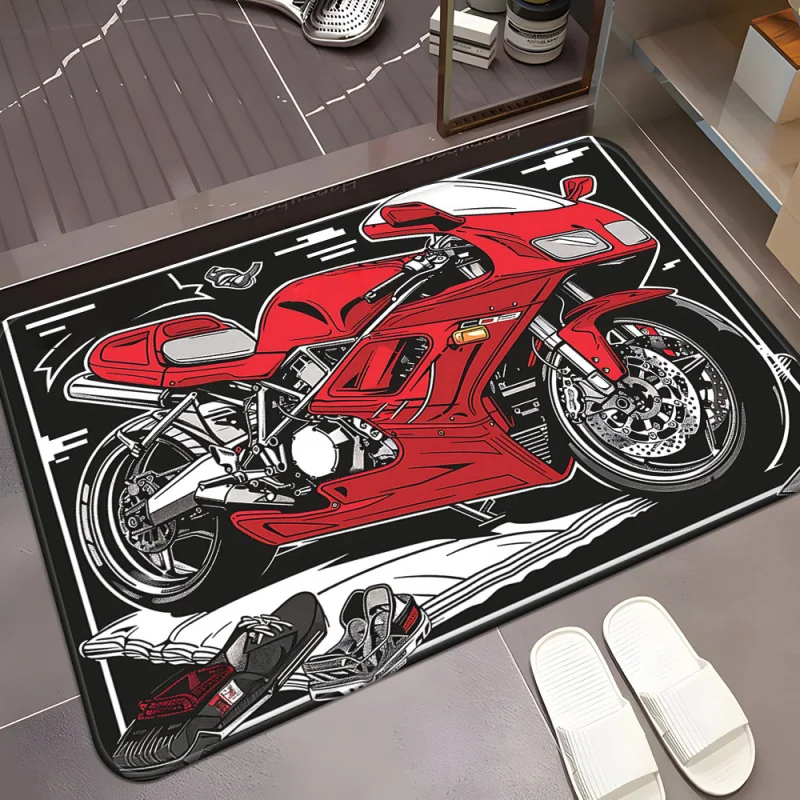 VIKAMA Red Sport Bike Doormat Comic Graffiti Super Racing Motorcycle Print Non Slip Absorbent Floor Mat Biker Man Cave Garage