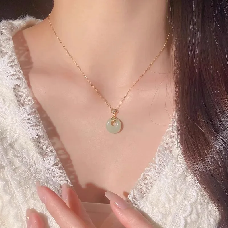 Difengs999Sterling Silver Simple Peace Buckle Hetian Jade Necklace Female Pendant Jade Clavicle Chain New Chinese Style Ornament