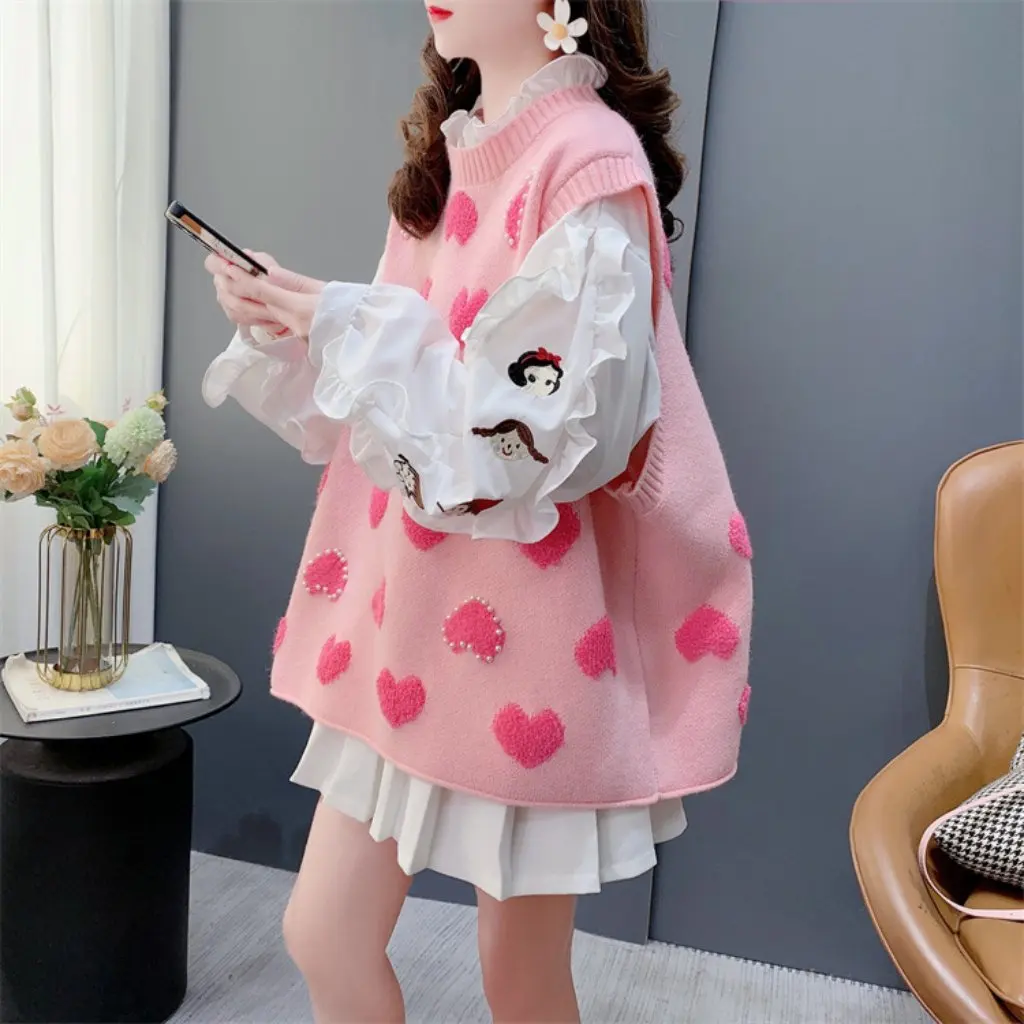 

Women's Sweet Heart Knitted Vest College Style Loose Sleeveless Sweater Vest Age-Reducing Spring Fashion Trend