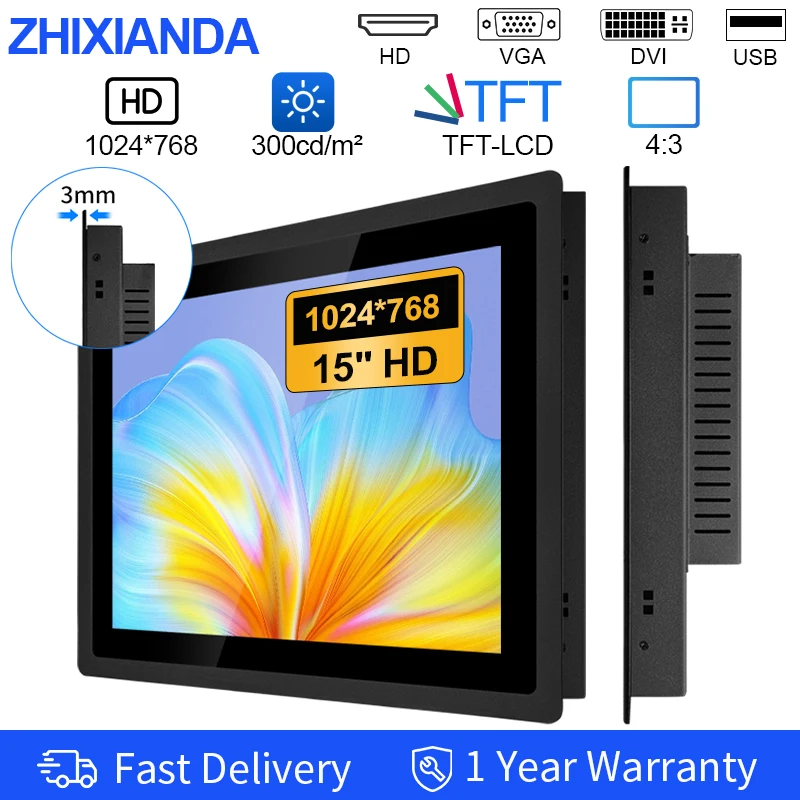 15 Inch 1024*768 Embedded Pure Flat Industrial Capacitive Touch Screen Monitor HDMI VGA DVI Square Screen Metal Case LCD Display