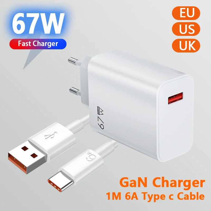 67W GaN USB Charger Fast Charging Type C Phone Charger Power Adapter For iPhone Samsung Xiaomi Type C Cable Quick Charge Charger