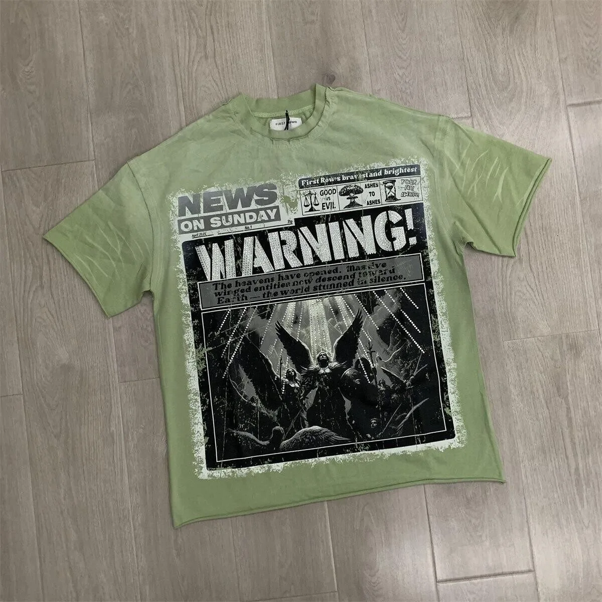 First Row Retro Street Style Vintage Printed T-Shirt with Loose Stamped Beads Washed and Weathered Round Neck Short Sleeve