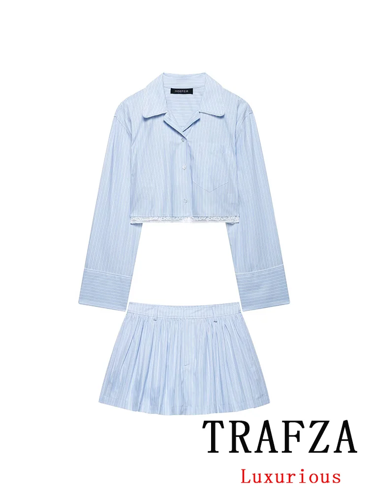

TRAFZA Sweet Casual Chic Women Suit Striped Lace Long Sleeve Short Blouse Puffy Shorts Skirts New Fashion 2025 Spring Summer Set