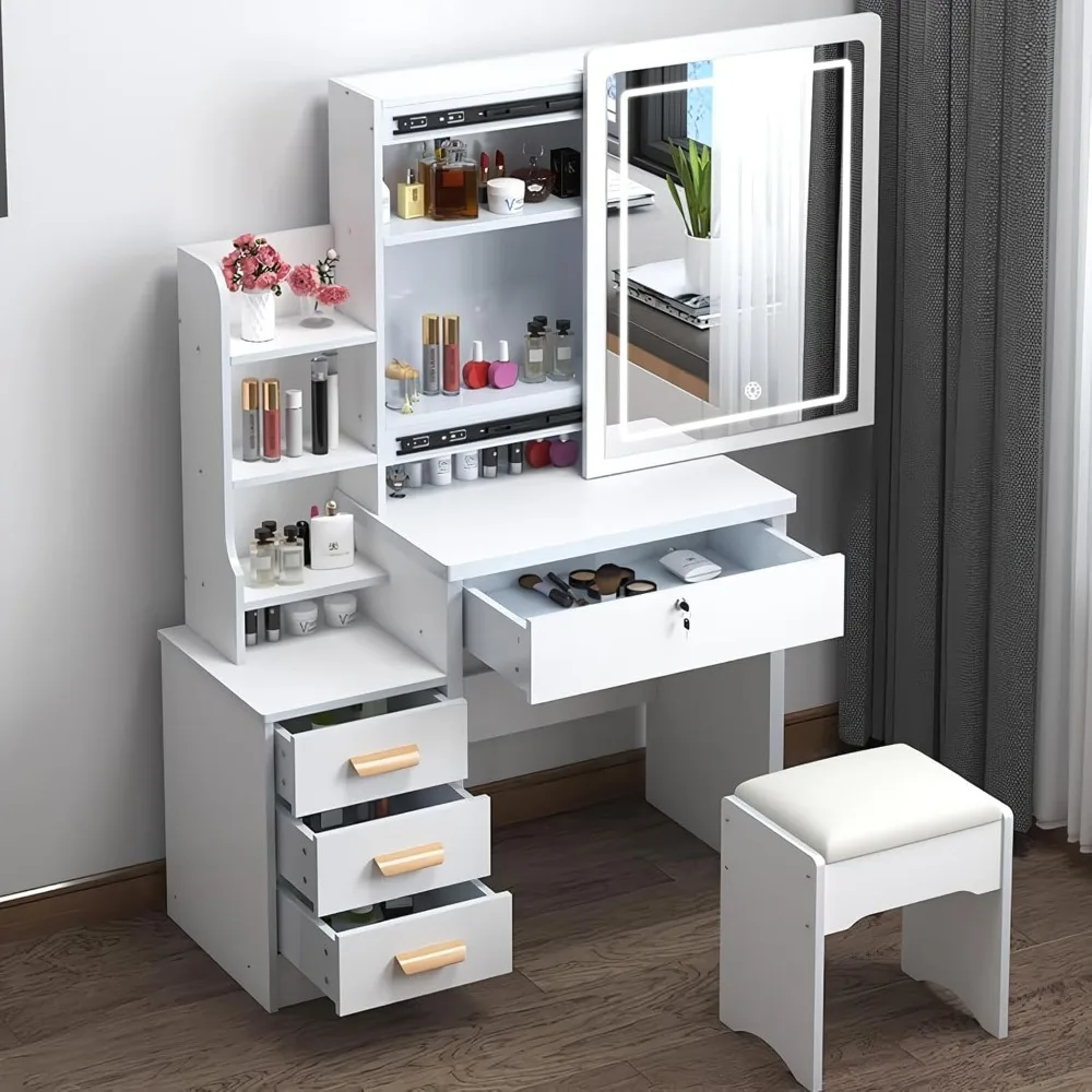 avec Miroir et Tabouret, Coiffeuse avec Miroir LED, luminosité réglable, Miroir Coulissant, Table de Maquillage avec 4 tiroi