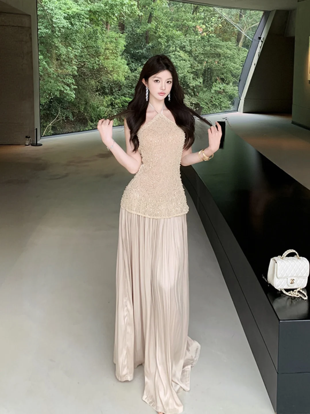 Bare Ba Ne Colgante Satén Noche Dr Francés Sle Color puro Cintura Una falda acampanada Transpirable Agradable para la piel Dr