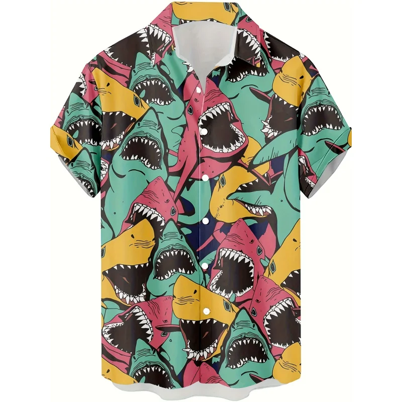 

Men's 3D Shark Print Hawaiian Shirt - Vibrant Streetwear Short Sleeve Button-Up with Bold Shark Pattern, Regular Fit Summer Casu