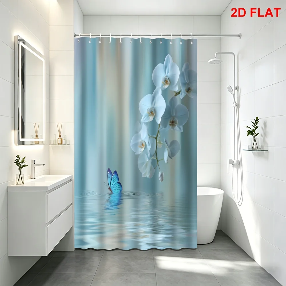 

Waterproof Blue Orchid Floral Shower Curtain Tropical Water Decor Bathroom Curtain Liner Elegant Modern Home Spa Shower Screen