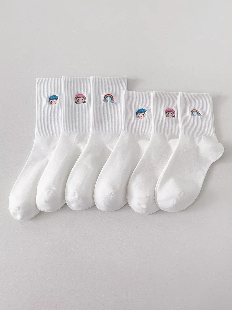 Ins White Socks Embroidered Mid-tube Rainbow Summer Thin Cotton Student Middle And Long Spring And Autumn Sports