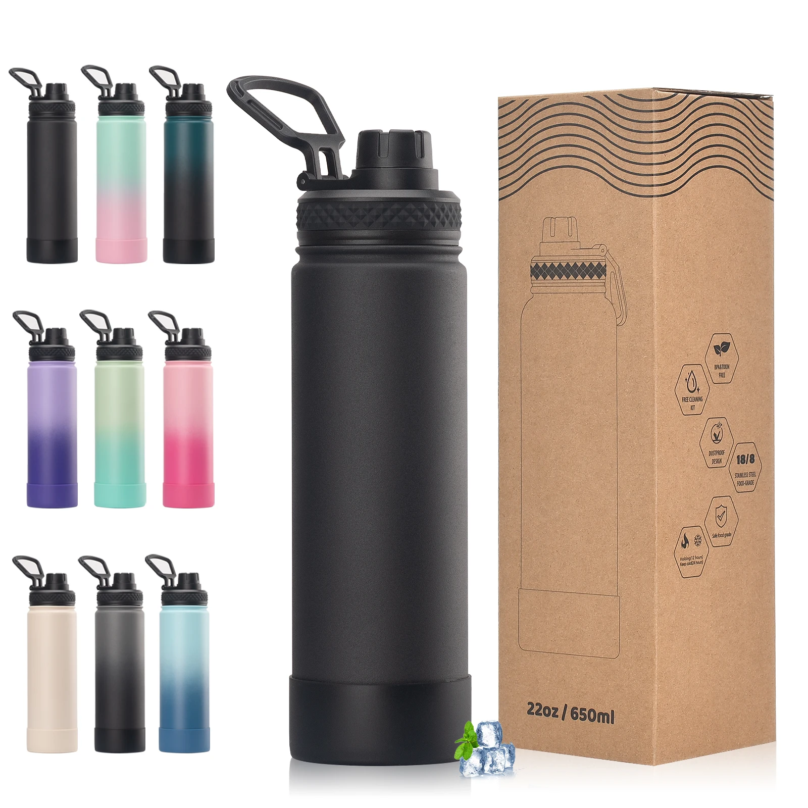 WATERSY Outdoor Sports Water Bottle Stainless Steel Vacuum Insulated 650ml Double Thermal Flask Coffee Mug for Hiking Gym Travel