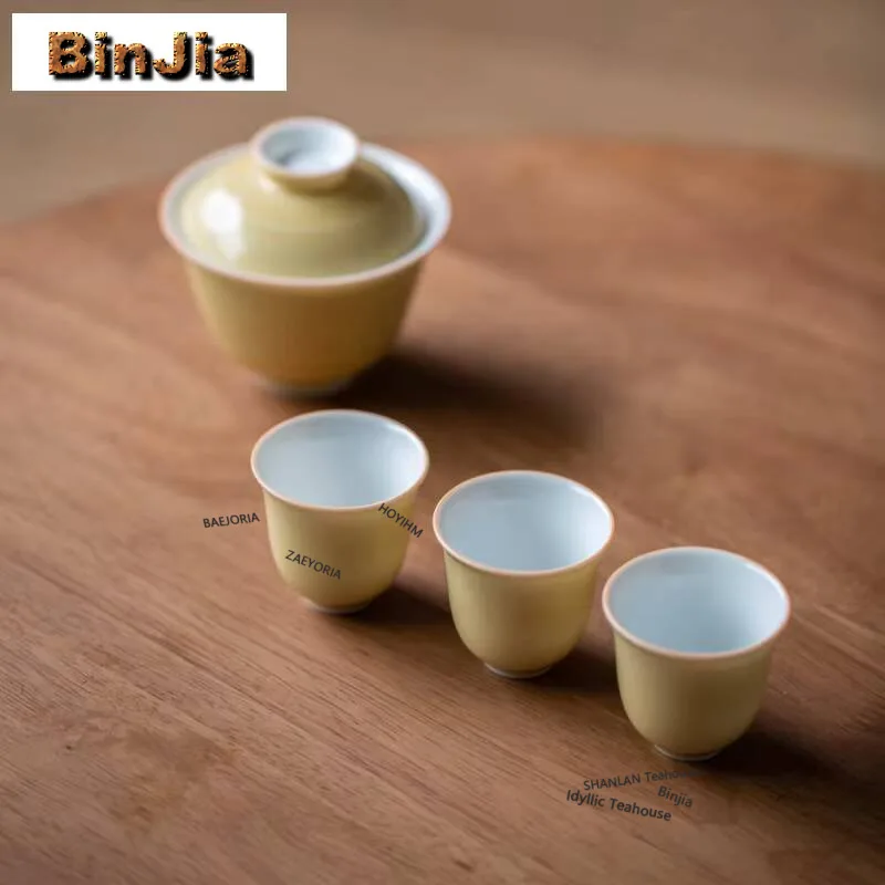 115ml Honey Yellow Gaiwan Boutique Cup Saucer Tea Tureen Household Tea Bowl With Lid Kit Tea Making Cover Bowl Teaset Ornaments