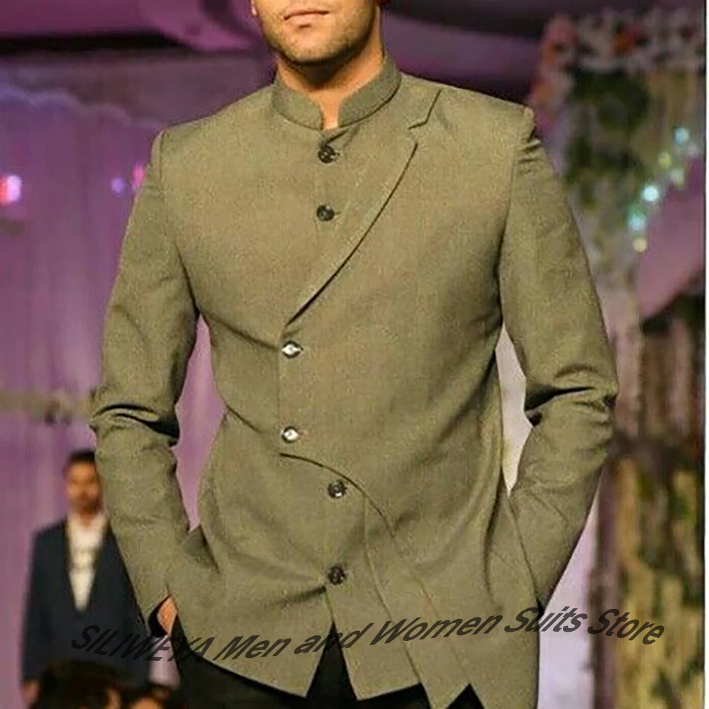 

Tailored Men’s Suits Olive Green Mandarin Collar Asymmetric Blazer 2Piece Set Formal Jacket for Weddings & Special Event
