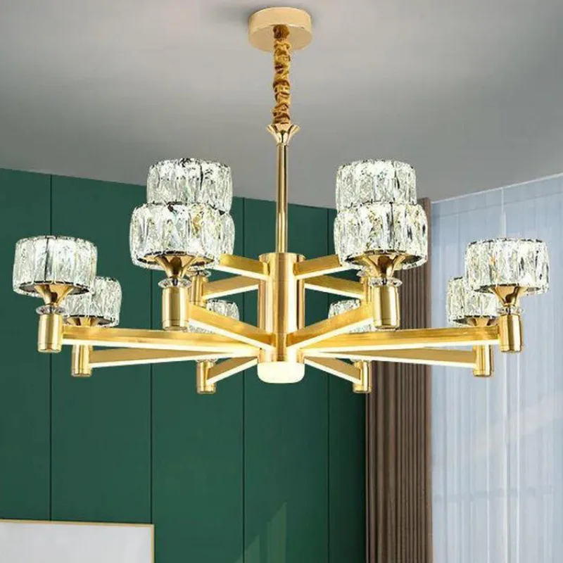 Candelabro de cristal de diseño danés moderno, lámpara colgante de lujo para sala de estar, dormitorio, restaurante, luz LED dorada de múltiples cabezas