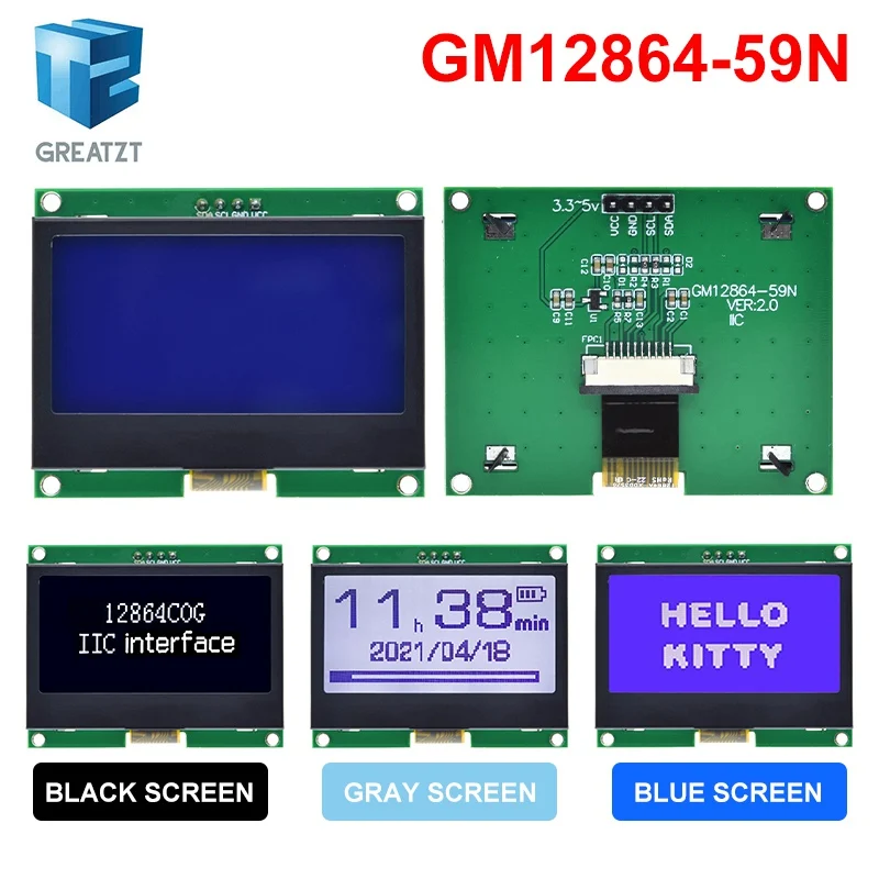 GREATZT 12864 IIC LCD Module 128X64 I2C ST7567S COG Graphic Display Screen Board LCM Panel 128x64 Dot Matrix Screen For Arduino