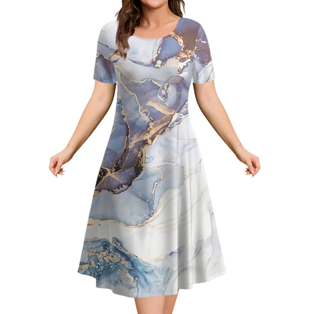 Damen Kurzarm Kleid Sommer 3D Marmor Print Röcke Mode lose A-Linie Kleidung neue elegante Damen Abendkleider