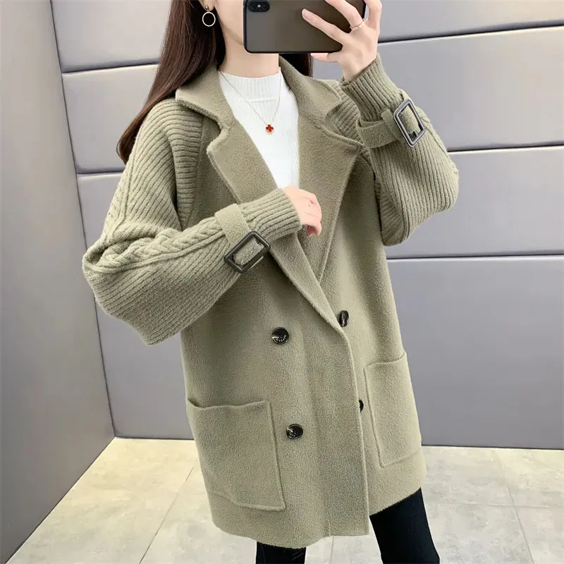 

New Autumn Winter Knitted Splicing Double-Sided Coat Women's Korean Long Woolen Jacket Fashion Female Thick Cardigan Outerwear