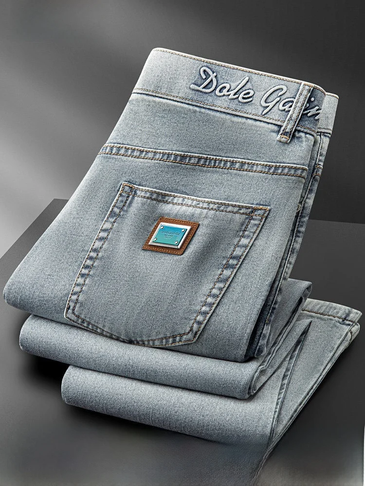 

Light Luxury Thin Light Blue Jeans Men's Faionable Straight Leg Casual Pants Summer Season Breathable Stand Fit Jeans