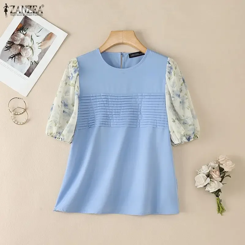 

2026 ZANZEA Женская летняя блузка с цветочным принтом и пэчворком, элегантная повседневная рубашка с круглым вырезом и рукавом до локтя, стильный топ для офиса и отдыха