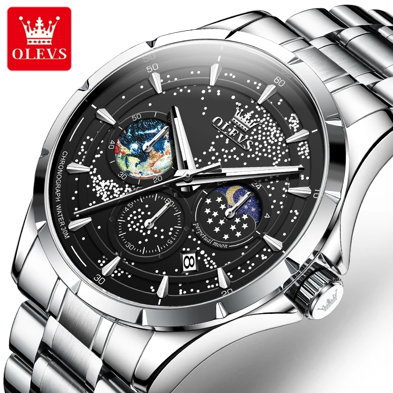 OELVS 5538 Original Quartz Wristwatch,Waterproof, Luminescent Stainless steel, Moon Phase,  Steel Strap Men's Watch