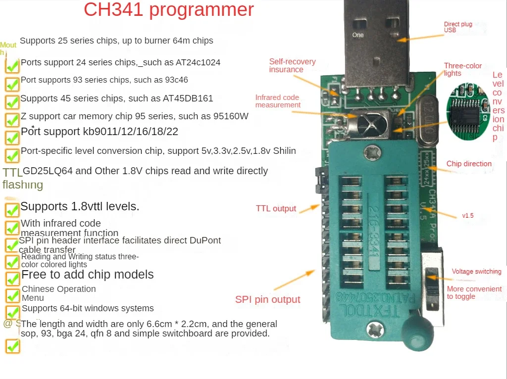 Ch341a programmatore v1.7 1.8v livello del cambio w25q64fw w25q128fw gd25lq64