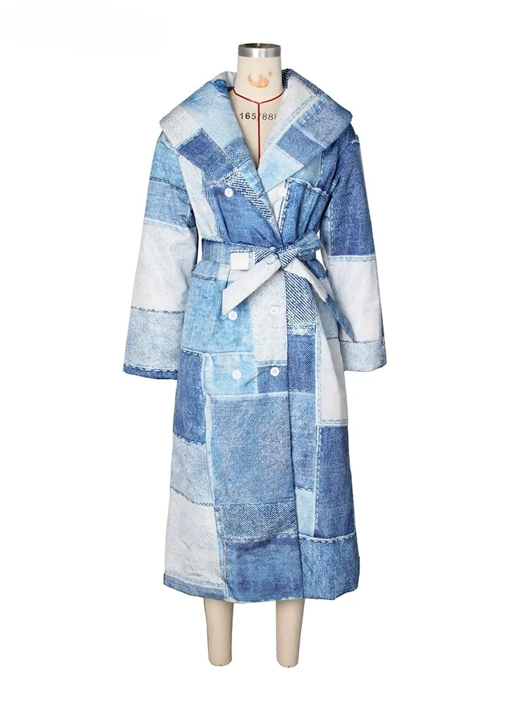 موضة الدنيم التصحيح المطبوعة كبيرة التلبيب الدانتيل متابعة سترة الشارع الشهير فضفاضة معطف سميك أنيق مبطن بالقطن X-معطف طويل المرأة