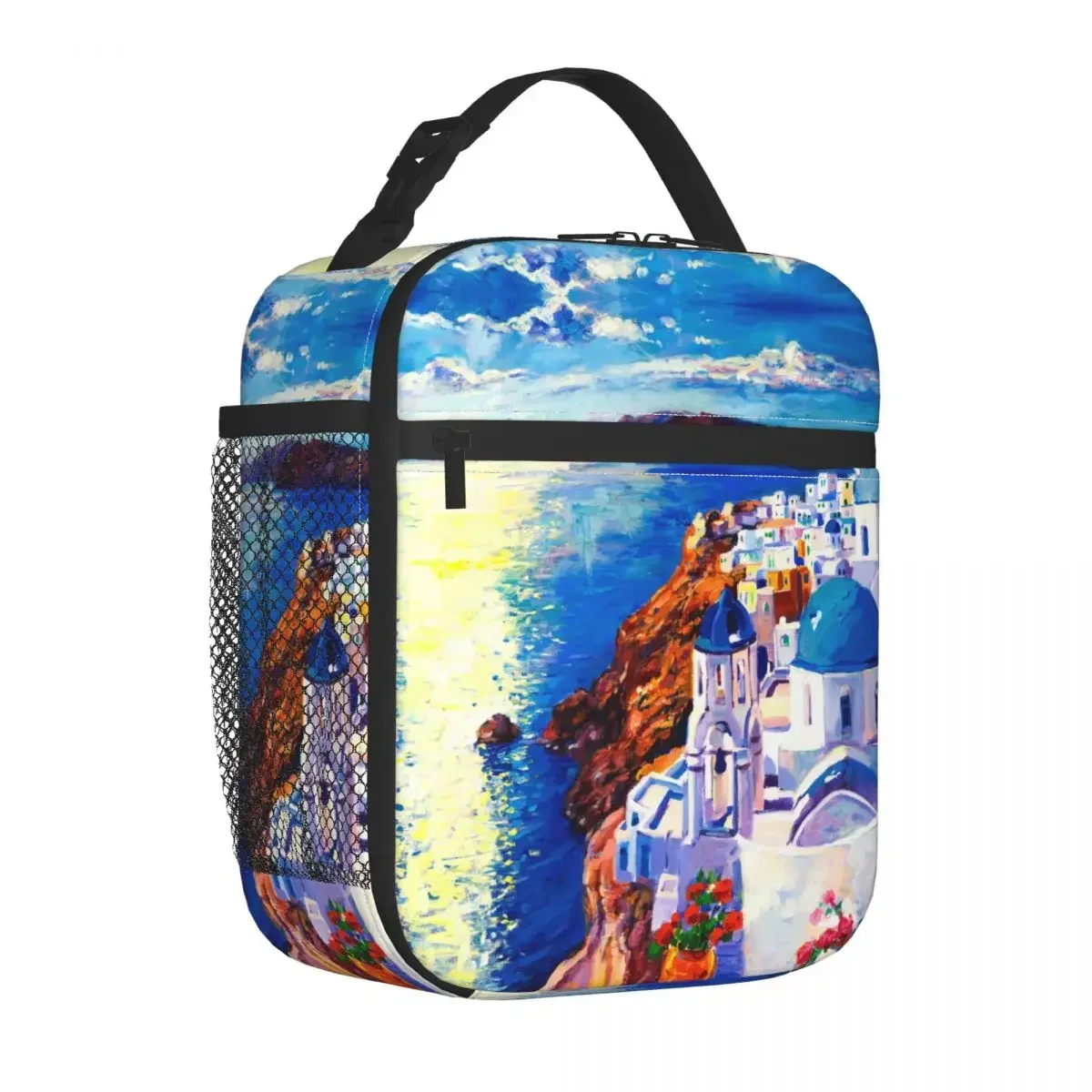 

Aegean Sea Santorini Island Oil Painting Thermal Insulated Lunch Bags for School Portable Box for Lunch Thermal Cooler Lunch Box