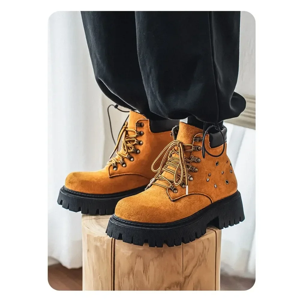 

original Winter suede leather Mating boots men's warm and plush high top workwear leather boots British style women trendy shoes