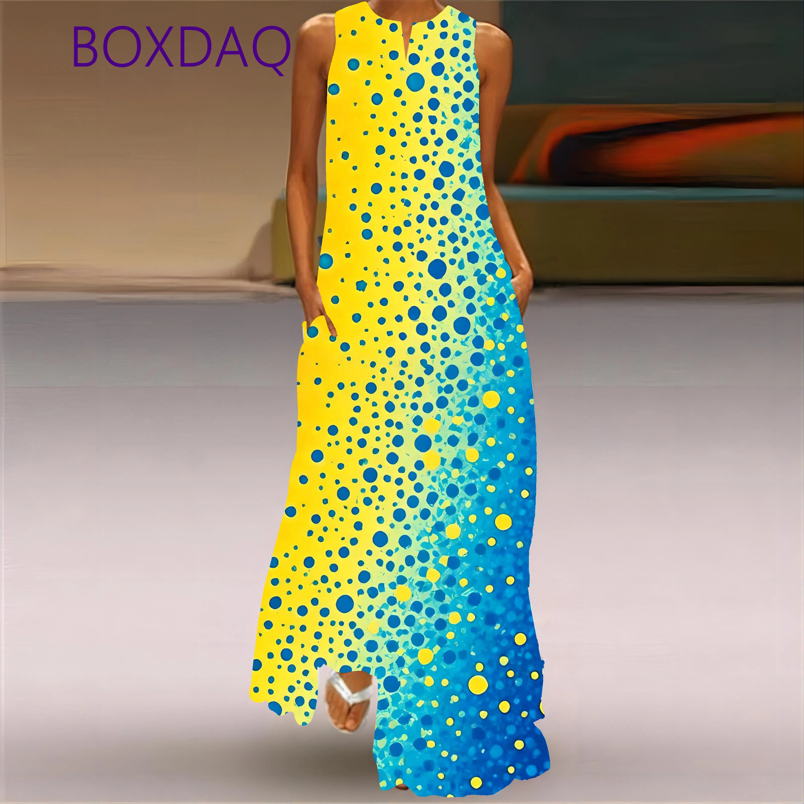 2025 Spring Autumn Vintage 3D Printed Long Dresses For Women Fashion V-neck Design Loose Sleeveless Dress Casual Vestidos Female