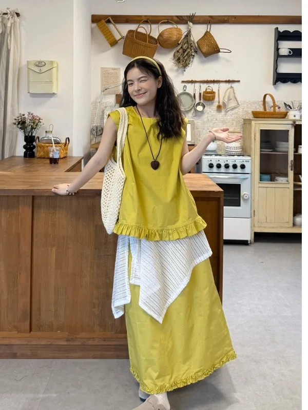 

plus Size Women's Yellow Ruffle Svel Vest Top High Waist Midi Skirt Set Summer Faion Korean Sle Loose Fit round Ne
