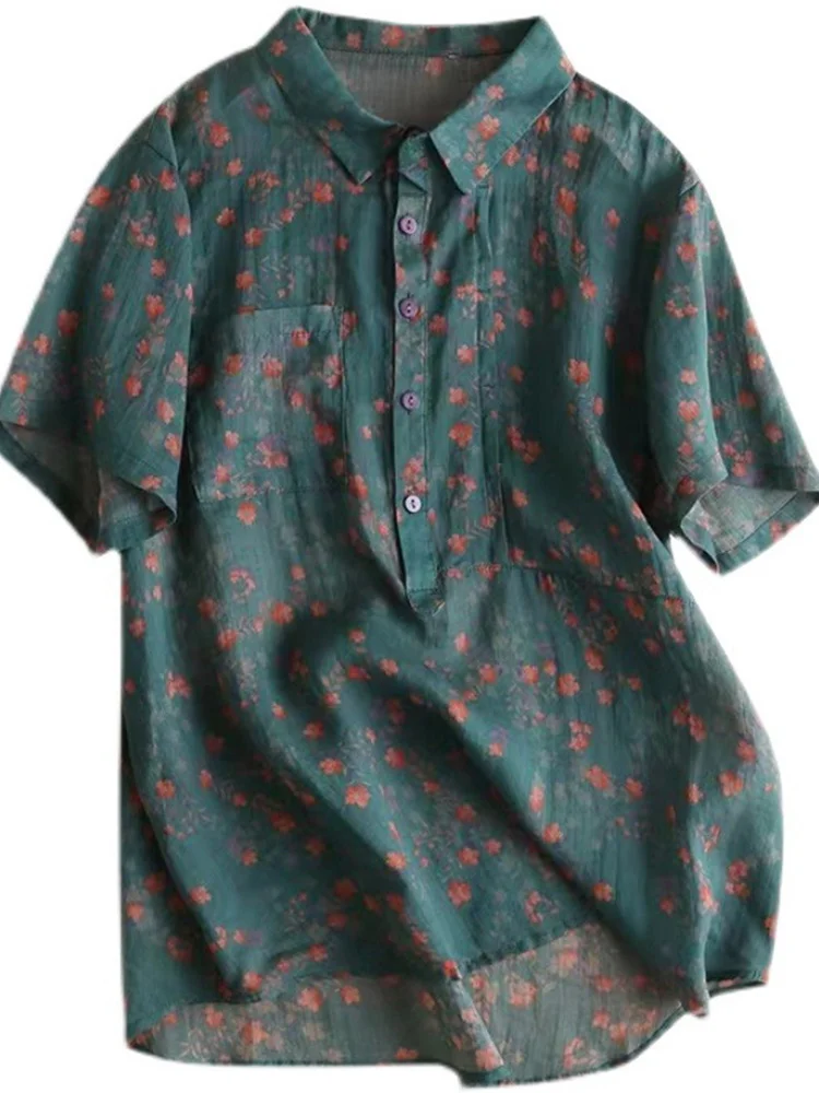 Retro bloemen linnen ort Sve casual katoen linnen dames irt kraag knoopdetail losse pasvorm zomer