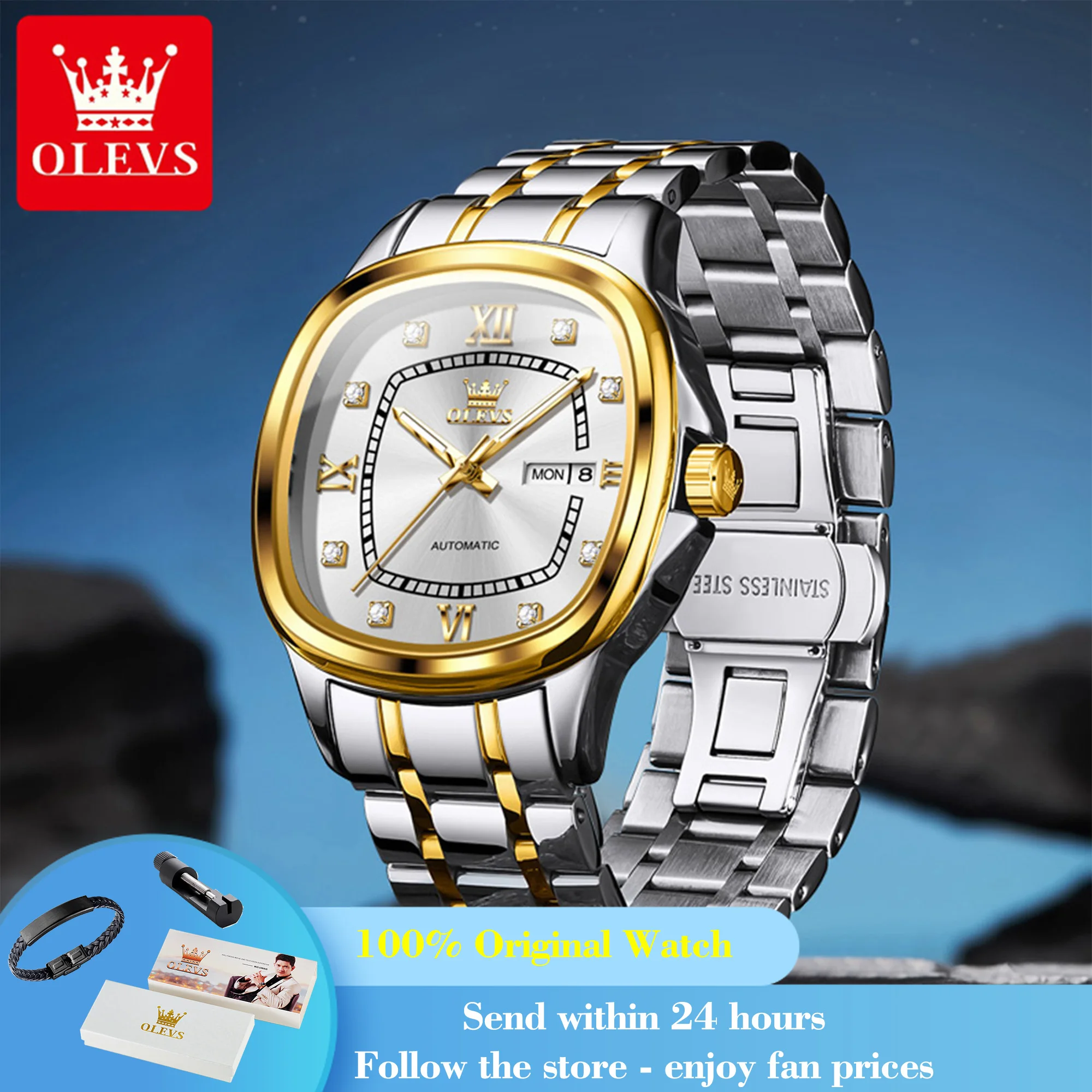 

OLEVS 9810 Automatic Watch For Men Dual Calendar Luxury Diamond Scale Business Wristwatch Waterproof Stainless Steel Man Watches