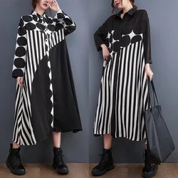 #3517 Spring Polka Dot Printed Long Shirt Dress For Women Long Sleeve Loose Asymmetrical Vintage Dress Ladies Front Buttons