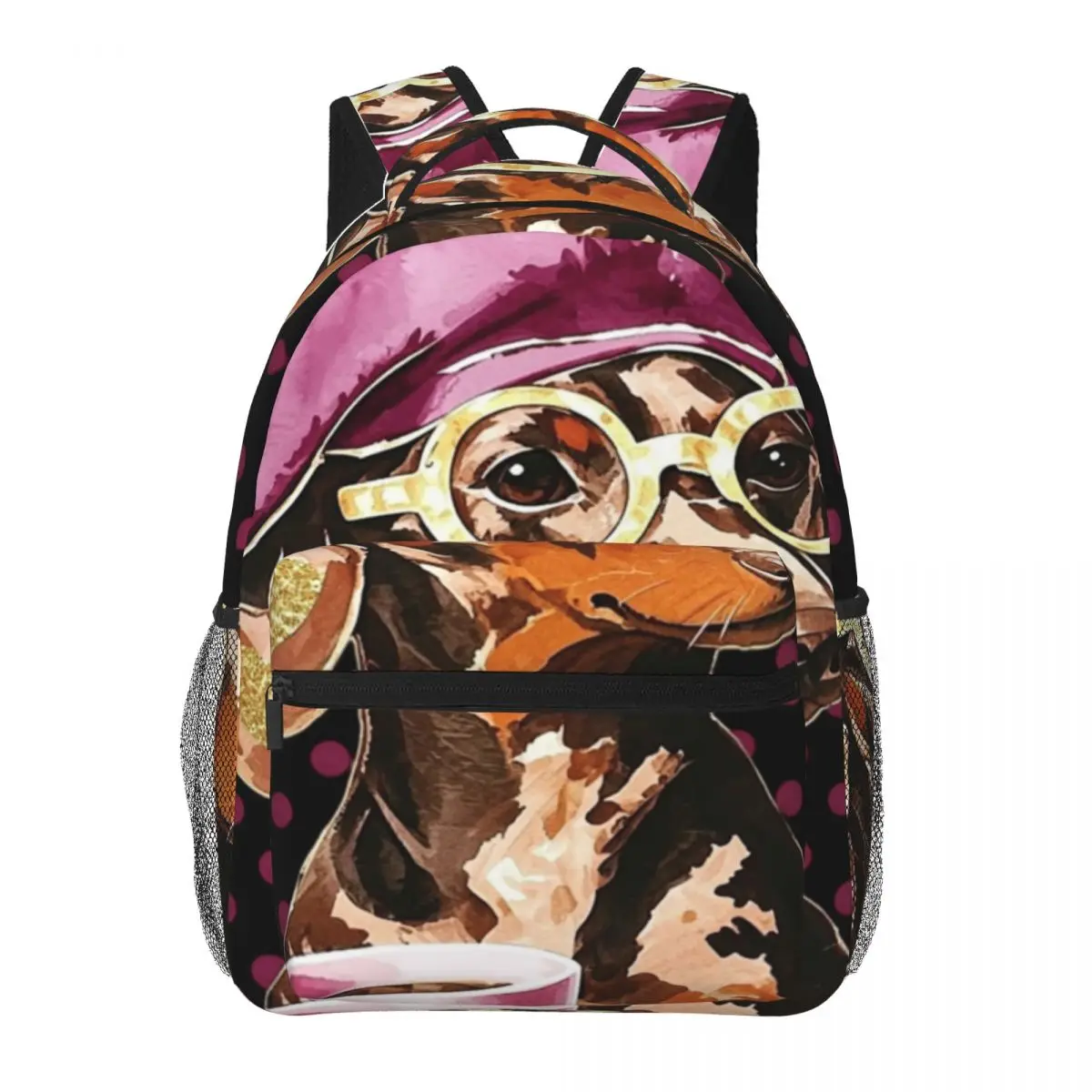 Pastel School Backpack Center Dachshund Coffee Beret Whimsical Pet Watercolor Purple Pink Brown Daypack for School Daily Office